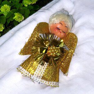 Vintage 1960's Gold Christmas Angel Sparkling Fabric White Hair Plastic Head